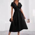 thumbnail image 2 of Summer Fashion Plus Size Dresses for Women 2025 Elegant Classy Round Neck Casual Solid Color Pocket Short-sleeved Knee-length, 2 of 7