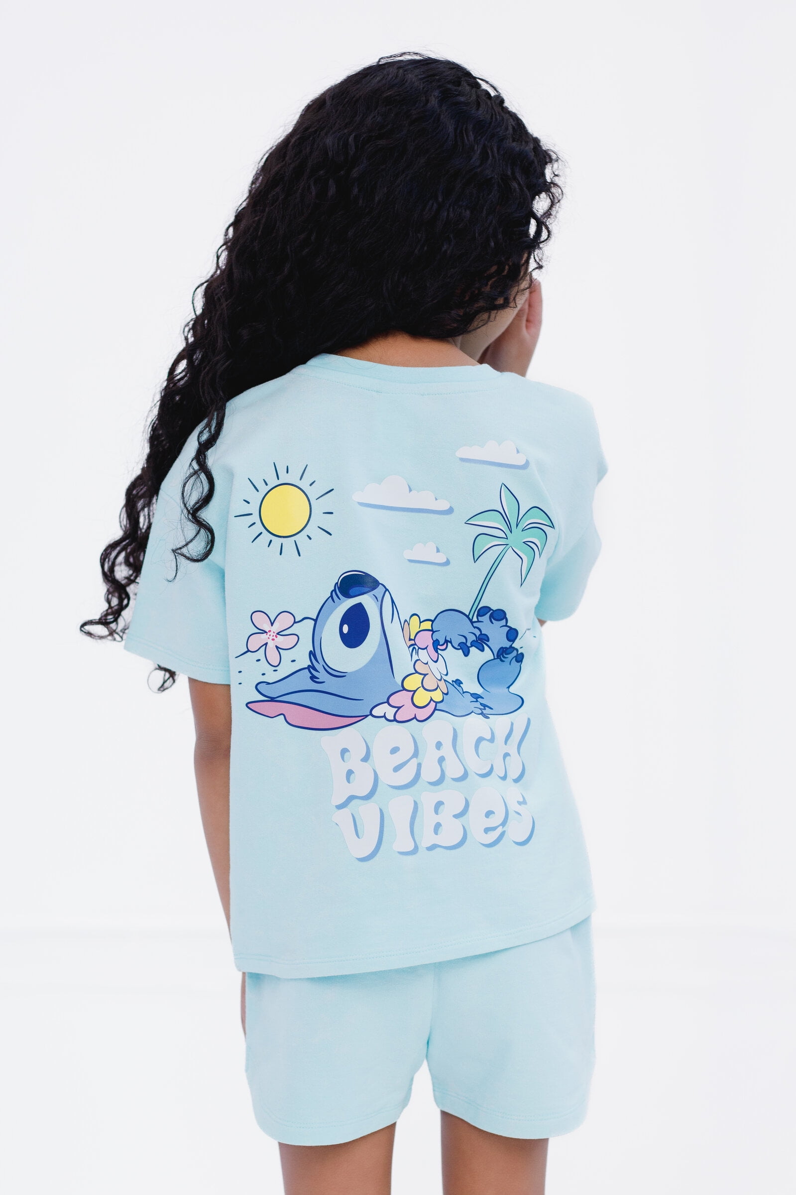 Disney Lilo & Stitch Big Girls' Short Sleeve Graphic T-Shirt and French Terry Shorts Set Light Blue Optic Wash Stitch