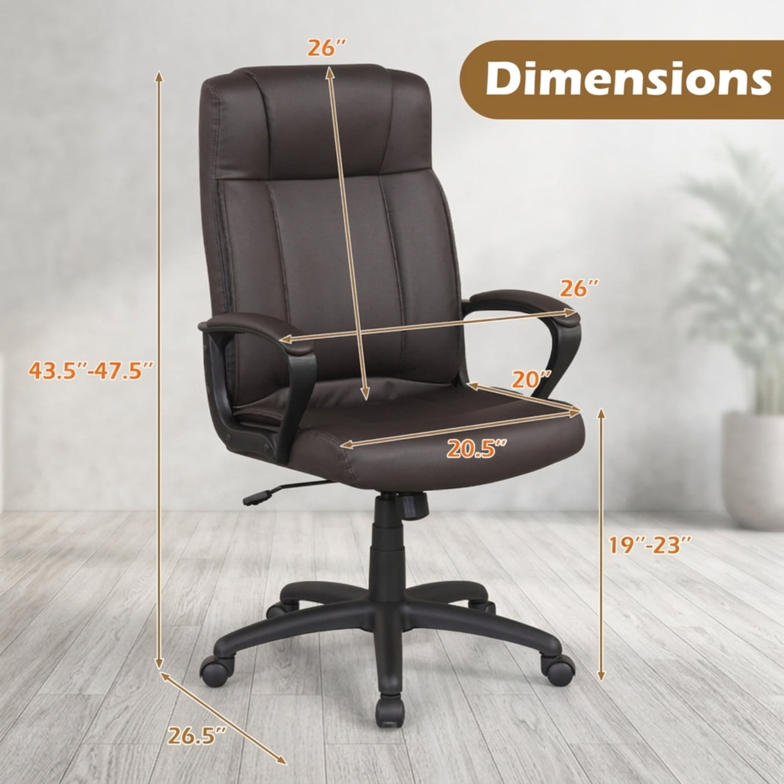 Furnibear Faux Leather Office Chair Computer Desk Chair with Rocking Function Padded Armrests Height Adjustable Swivel Seat and Casters, Brown