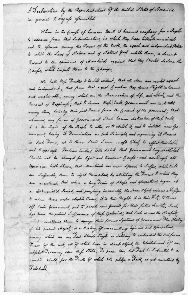 Declaration Of Independence. /Nthe First Page Of John Adams' Copy Of