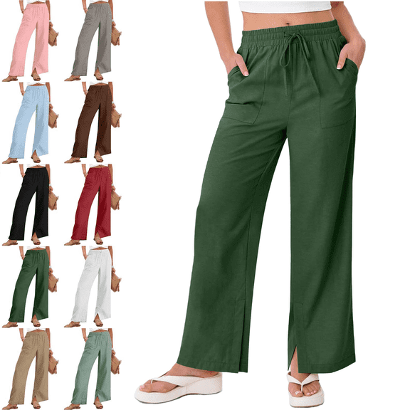 Womens Wide Leg Linen Pants Solid Color Loose Straight Leg Pants Drawstring Elastic Waist With Pockets Summer Beach Vacation Clothes Size S-4XL