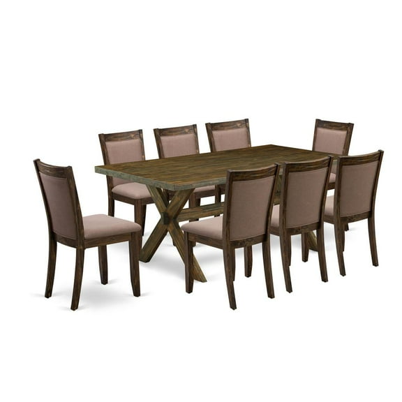 East West Furniture 9 Piece Kitchen Table Set - A Distressed Jacobean Top Kitchen Table with Trestle Base and 8 Coffee Linen Fabric Dinner Chairs - Distressed Jacobean Finish