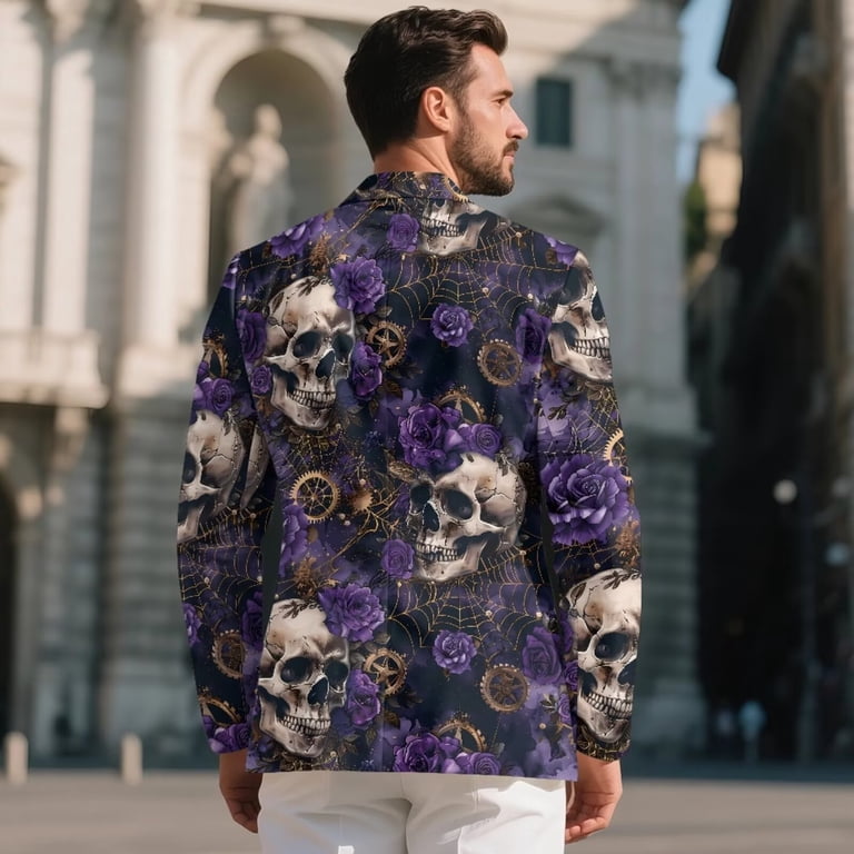 POLERO Men Gothic Sports Suit Jacket Skull Rose Print One Button