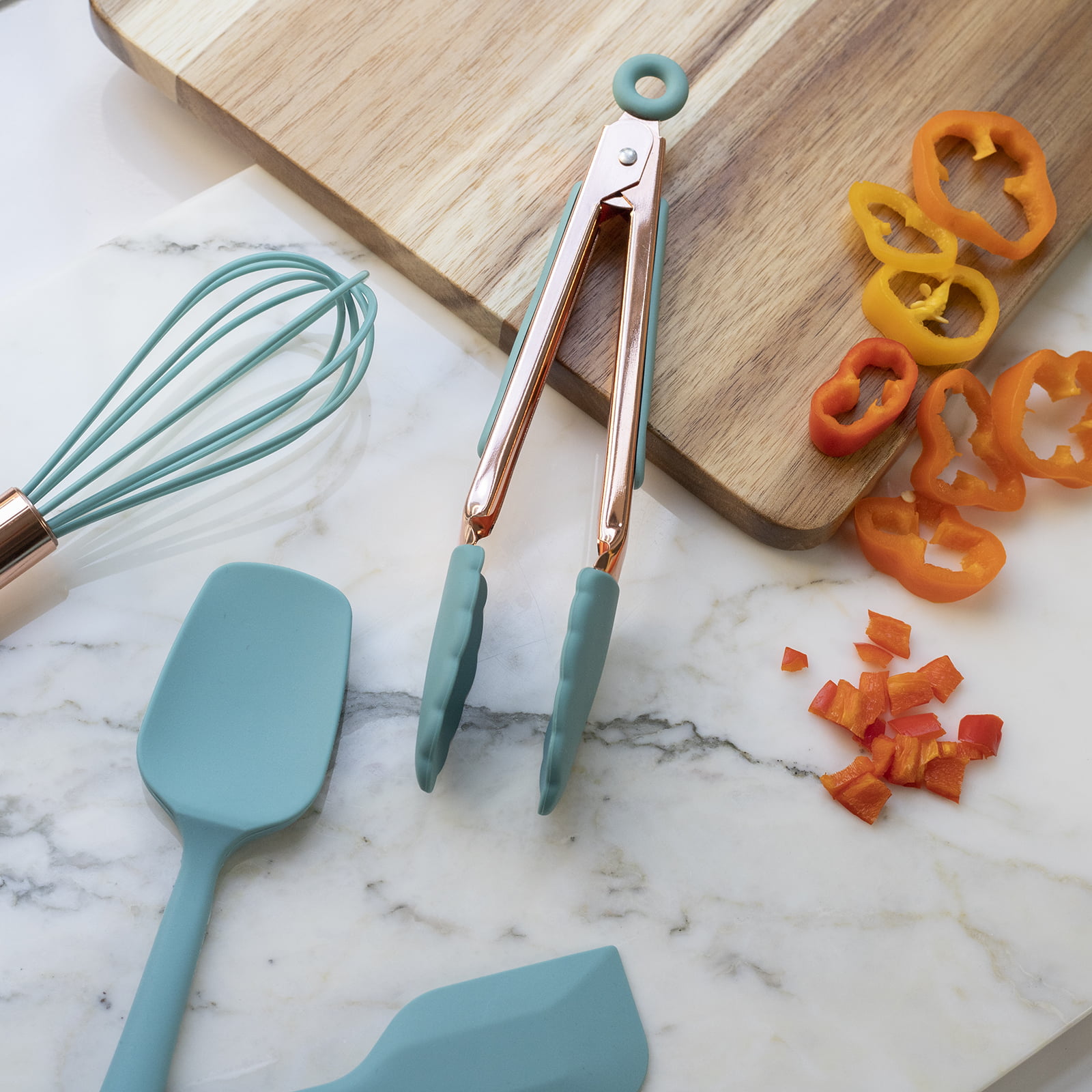 Cook with Color 3 Piece Color Changing Silicone Utensil Set with Pink Tong,  Teal Slotted Turner, and Yellow Spoon 