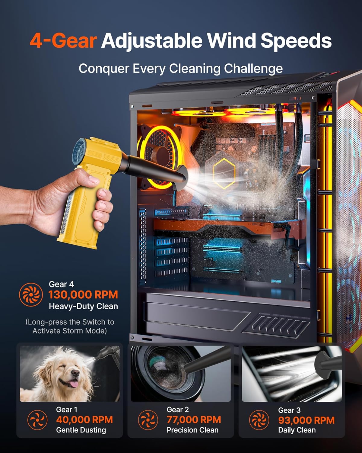 Cordless Electric Air Duster, 130,000RPM Ultra-Powerful with 8000mAh Battery, 4-Speed Adjustable Air Blower for Keyboard, Computer, Car and Home Cleaning