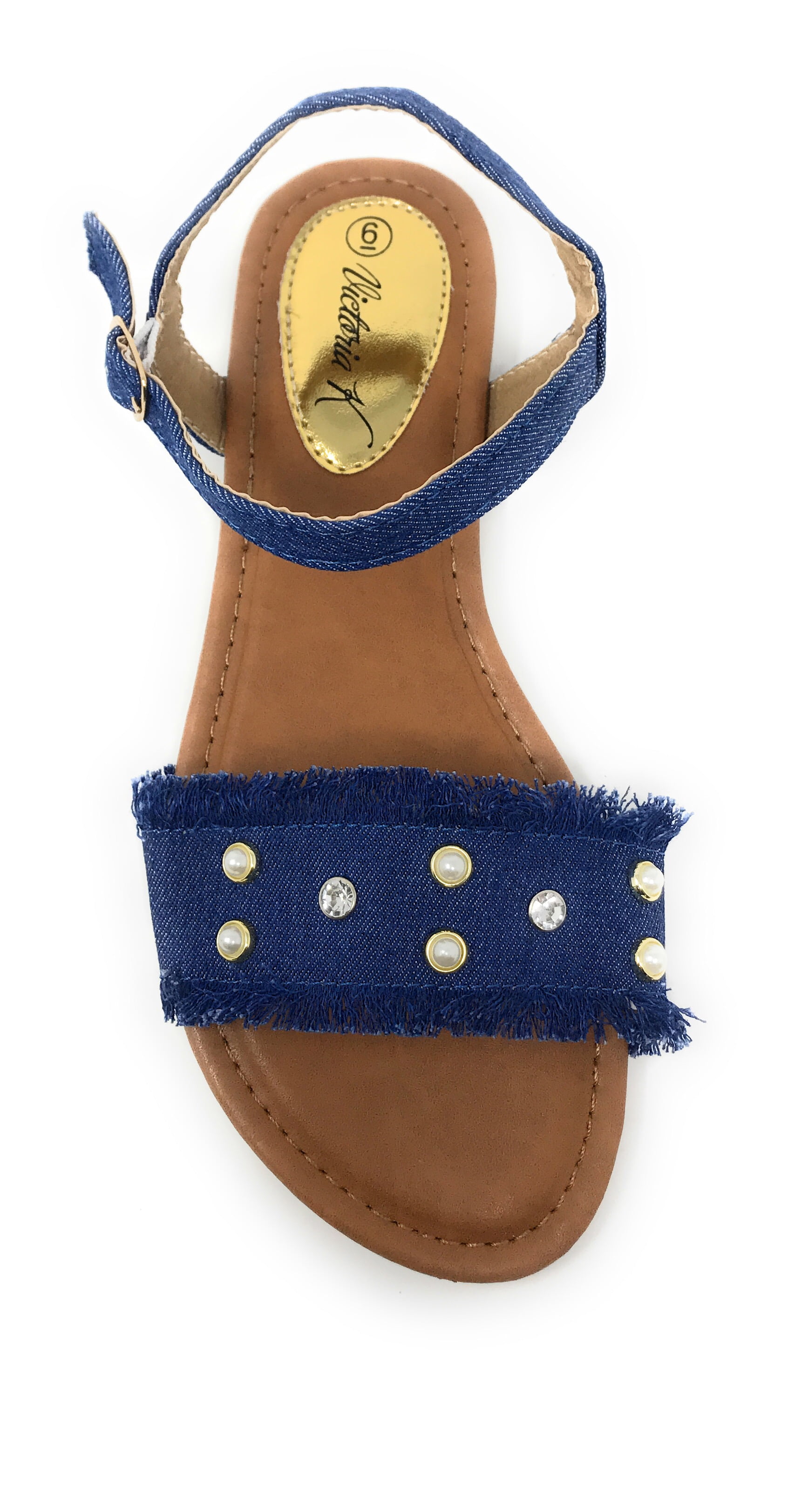 Victoria K Women's Fringed Denim With Studs And Rhinestone Sandals
