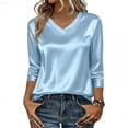 thumbnail image 4 of Dressy Tops for Women 3/4 Sleeve Silk Satin Blouses Business Work T Shirts Loose Fit V Neck Spring Summer Outfits 2026 #03Light Blue 2XL, 4 of 6