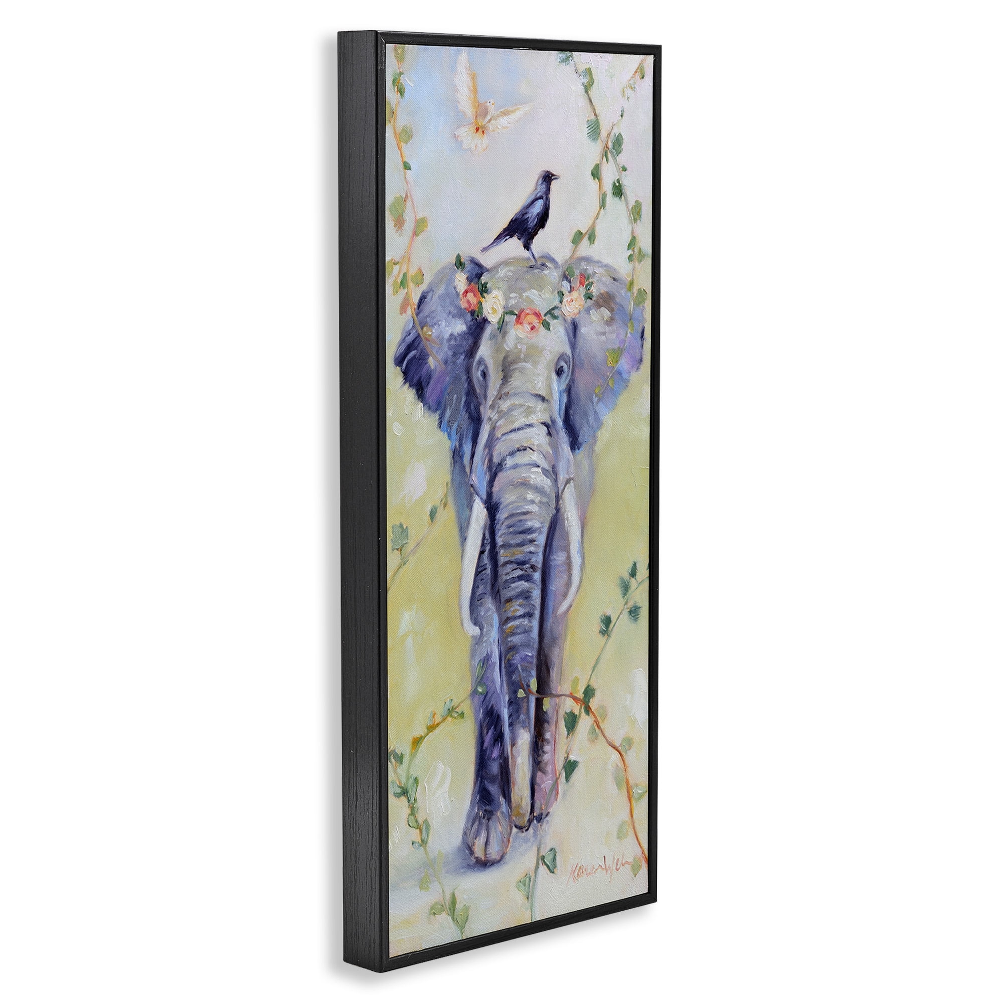 Stupell Industries Bohemian Elephant with Green Vines Animals & Insects Painting Black Framed Art Print Wall Art, 10 x 24