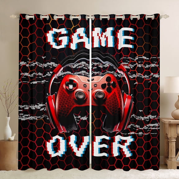 Manfei Game Console Black Out Curtains,Gamepad Gamer Curtains Pack of 2 (42x63 Each),Red Black Hexagon Bedroom Curtains For Kids,Super Cozy Room Decor