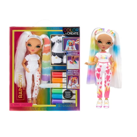 Rainbow High Color & Create Fashion DIY Doll, Washable Rainbow Markers, Green Eyes, Straight Hair, 2 Pig Tails, Top & Shoes. Play, Rinse and Repeat. Creative Gift. Kids 4-12
