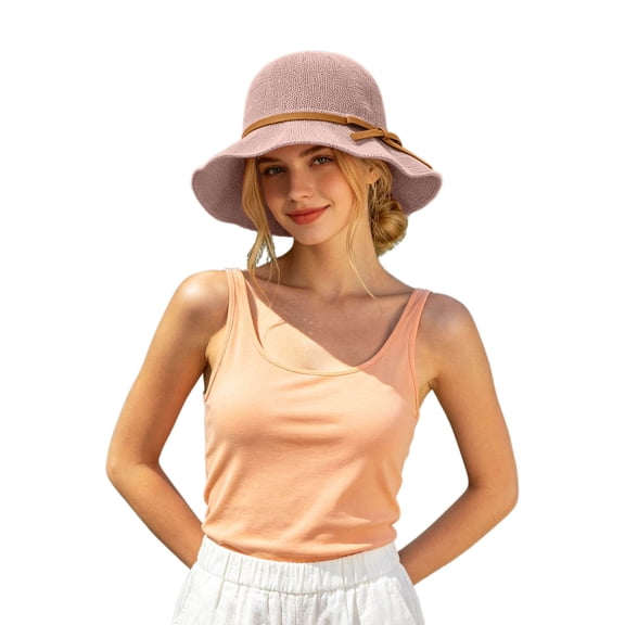 Women Knitted Bucket Sun‑Hat With Bow‑Knot Strap UV Protection Wide Brim Elegant Summer Sun Hat Packable Breathable Outdoor Travel Beach Head‑Accessory