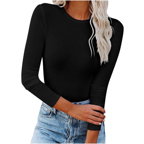 vdgthytj Womens Plus Size Long Sleeve Tops Casual Crew Neck Slim Fitted Basic Tee Shirts Trendy Fall Spring Outfits