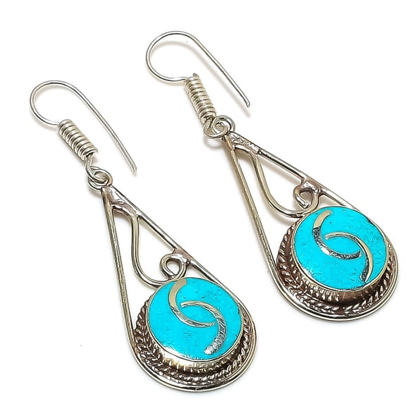 Natural Tibetan Turquoise Gemstone Handmade Jewelry Earring 2.36"