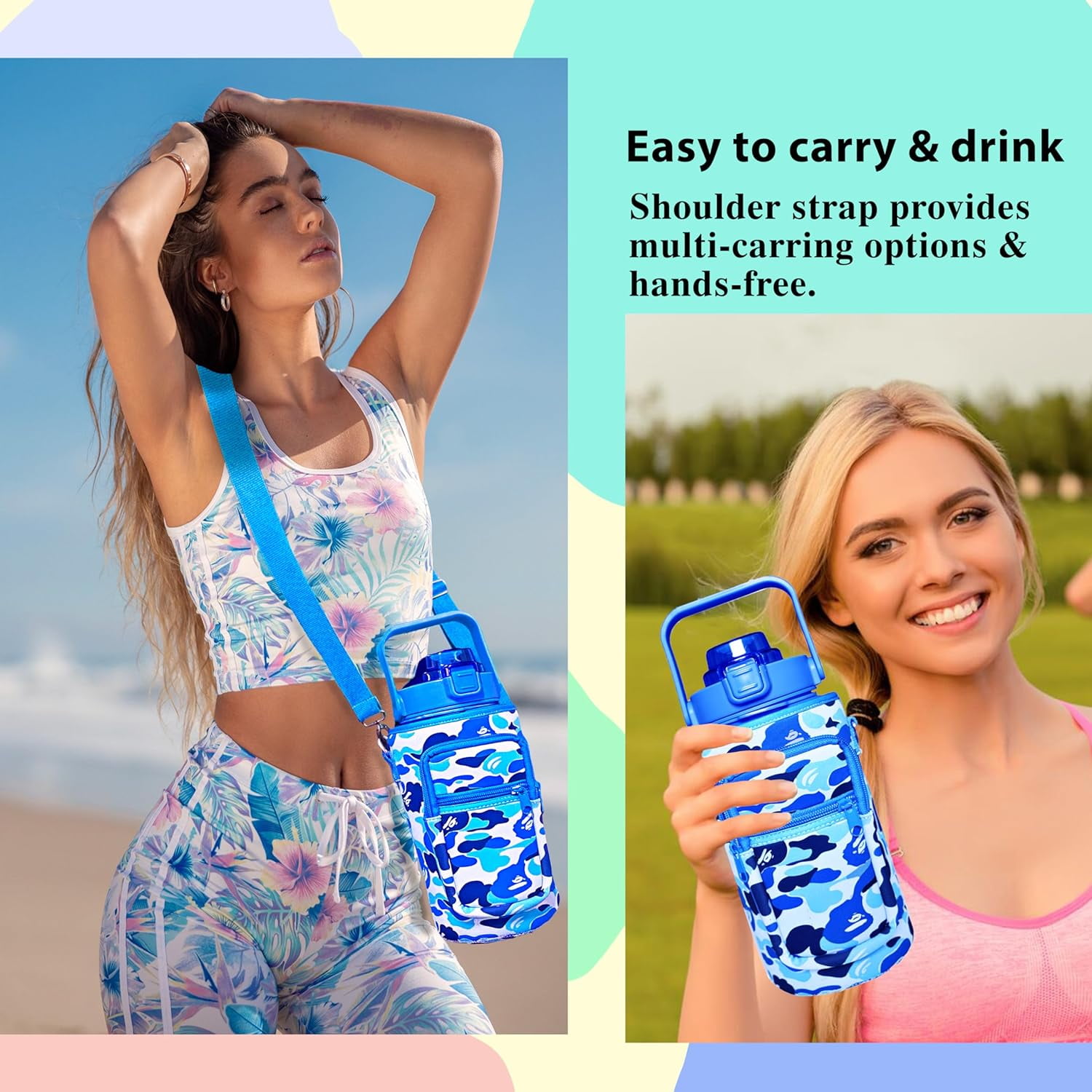 64 oz Water Bottle with Straw Sleeve & Strap Motivational BPA Free Half Gallon Water Jug with Handle for Gym Women Men Aesthetic Water Bottle with Strap Navy Blue