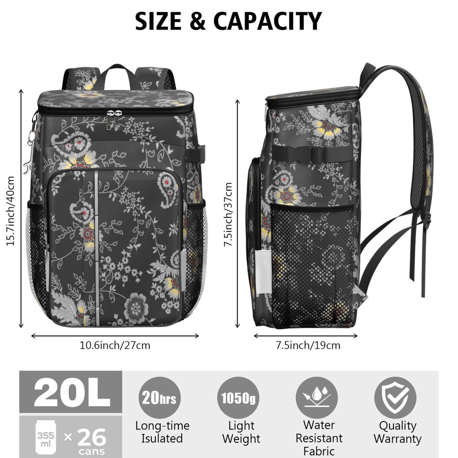 Vintage Cooler Backpack - Insulated 20L Leakproof Lunch Bag, Hippie Retro Style for Camping, Beach & Travel