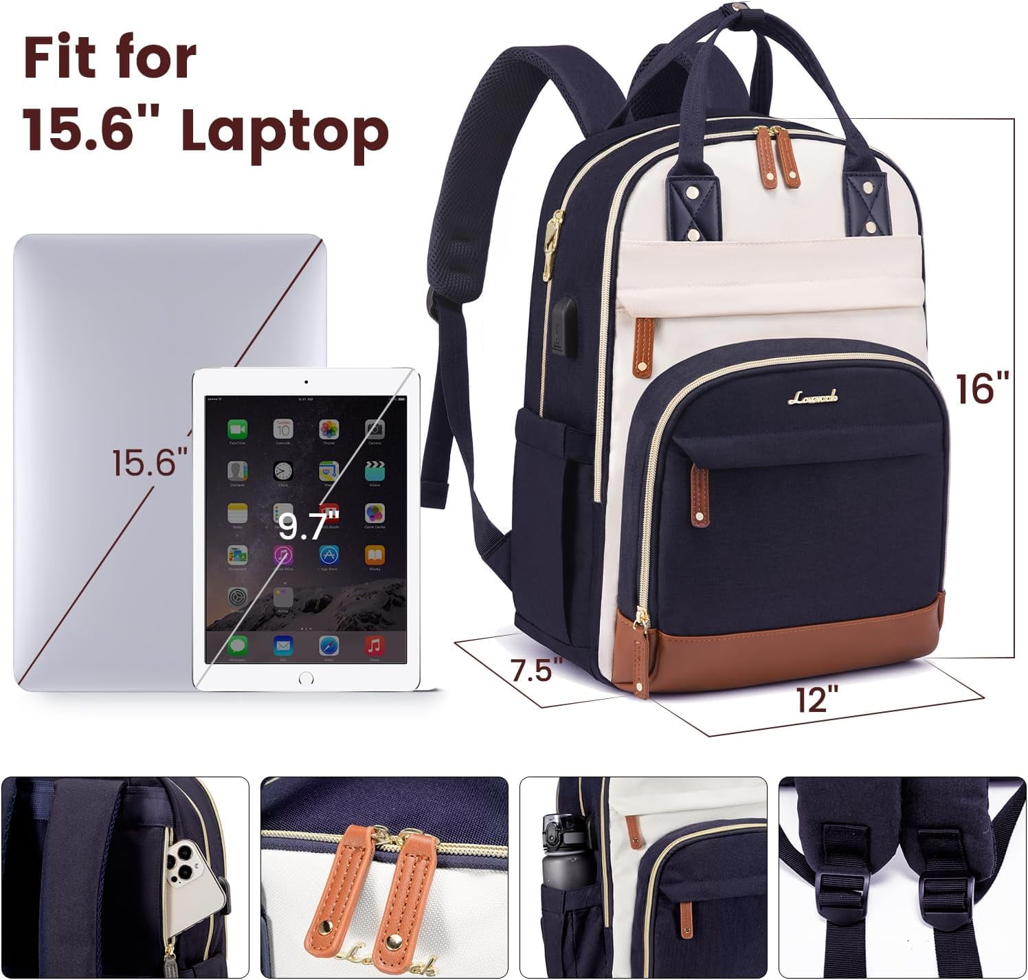 Lovevook Women's USB Charging Port Nylon 15.6" Laptop Backpack, Navy-Beige
