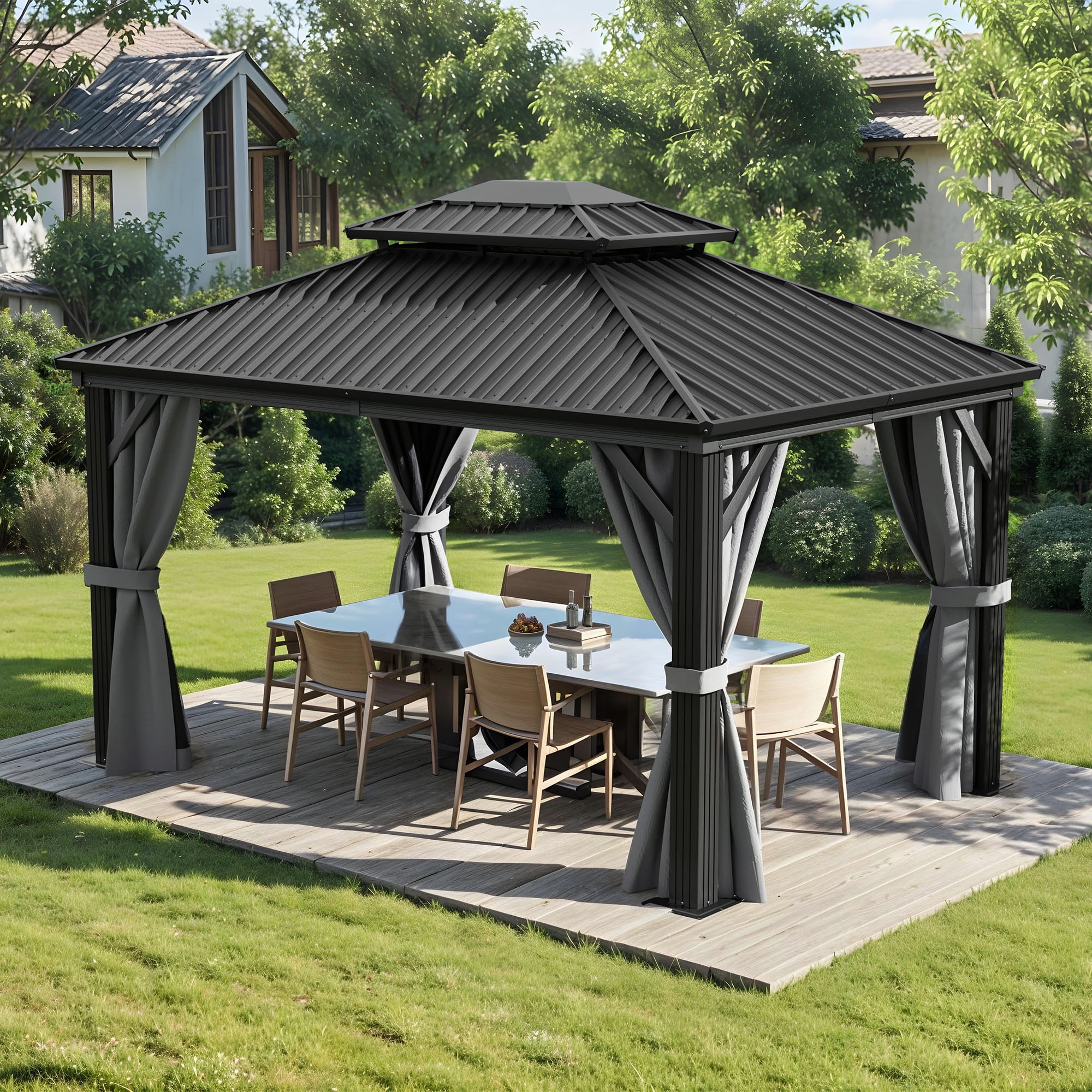 Dextrus 10x12FT Outdoor Hardtop Gazebo with Nettings & Gray Curtains,Heavy Duty Double Roof  Galvanized Steel Canopy, Sunshade for Garden, Patio, Lawns, Black&Gray