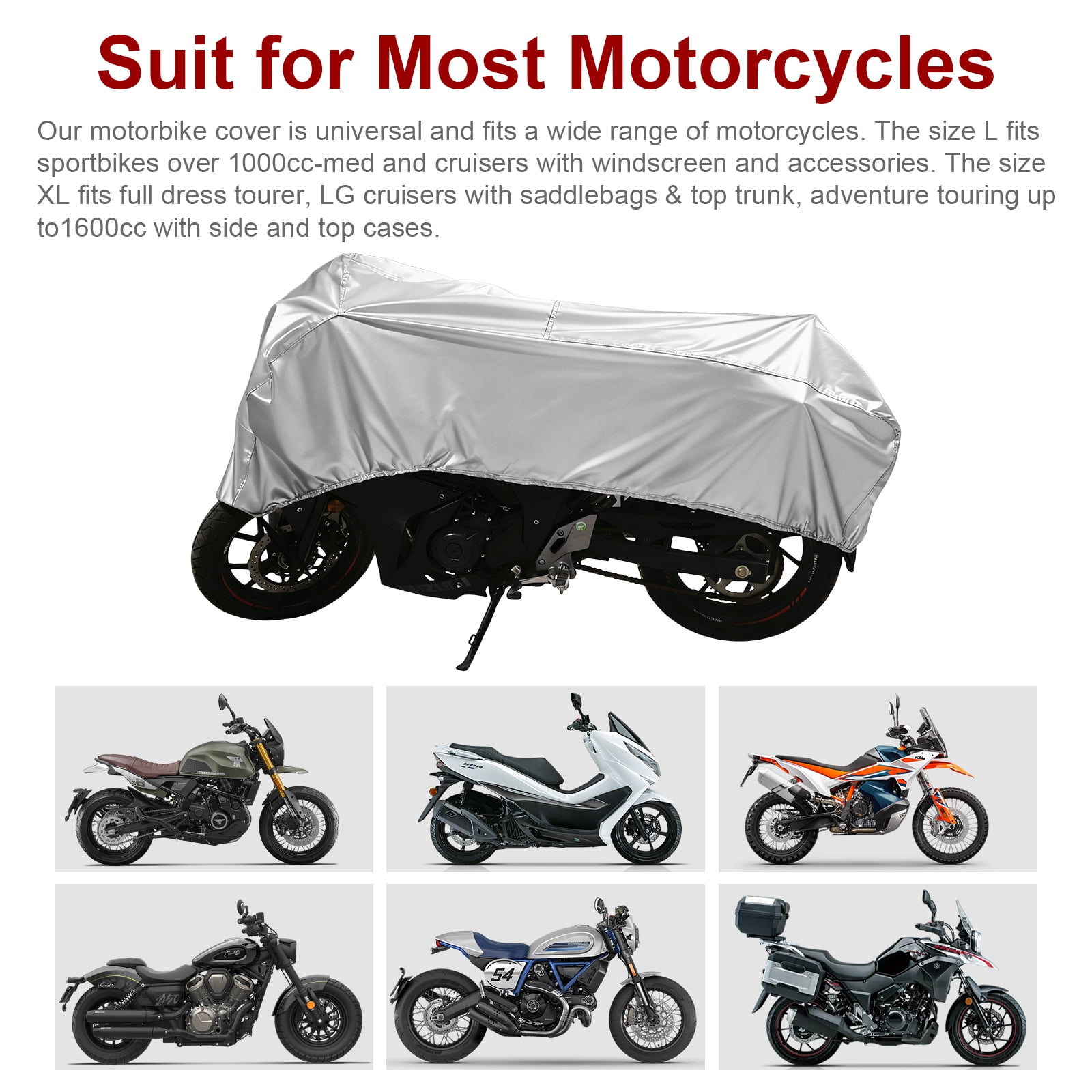 Dream Apparel Motorcycle Half Cover, Waterproof Motorcycle Cover for Outdoor, Rain Snow Dust Protection Universal Fit Heavy Duty Motorbike Vehicle Cover with Storage Bag, Silver L