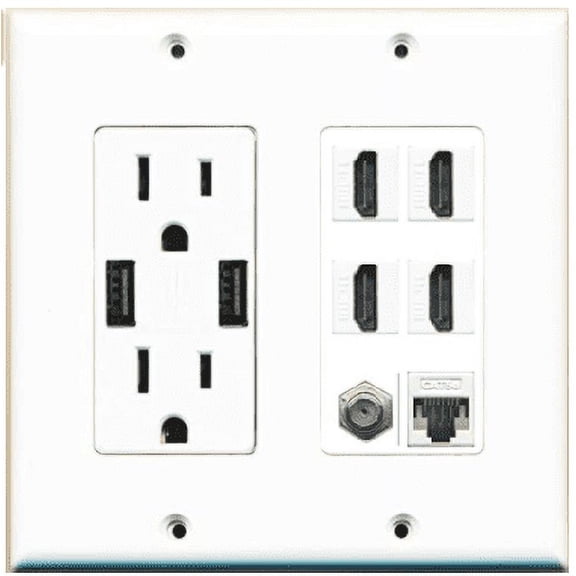 RiteAV USB Charger Outlet 15A/125V with Dual 3.6A USB Charging Ports and 4 x HDMI 1 x Cat5e Ethernet 1 x Coax Cable Decorative White Wall Plate