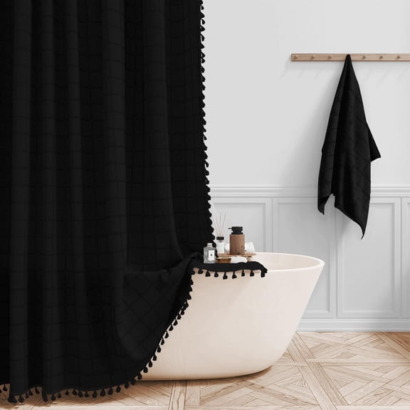 Black Boho Farmhouse Shower Curtain, Linen Rustic Heavy Duty Fabric Shower Curtain Set with Tassel, Water Repellent, Bohemian Vintage Country Thick Cloth Shower Curtains for Bathroom, 72x72