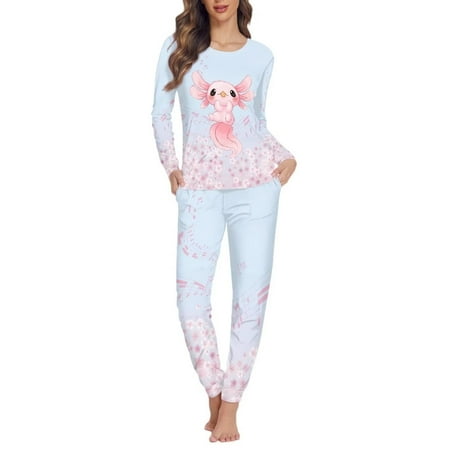 

STUOARTE Soft Pajamas for Women Pink Sakura Axolotl Long Sleeve Walking Yoga Breathable Snug-Fit Scoop Neck Home Life Comfy 2 Piece Pjs Sleepshirts Size 5XL