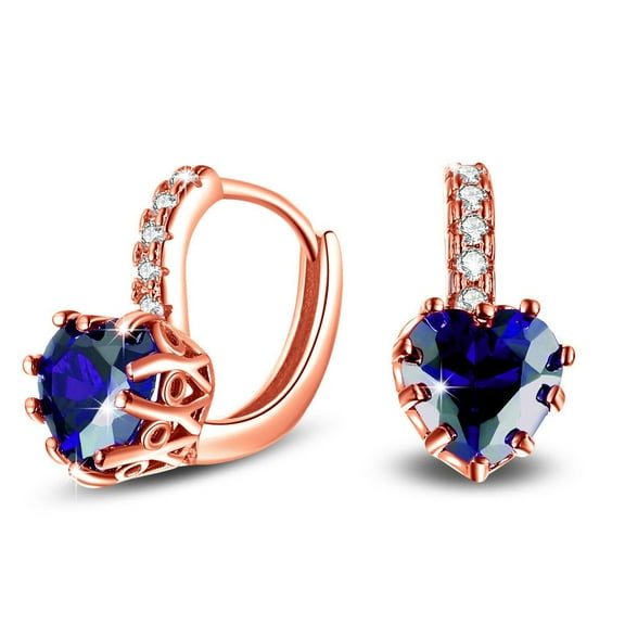 Uloveido Women's Rose Gold Plated Blue Heart Crystal Earrings Lever Back HE515