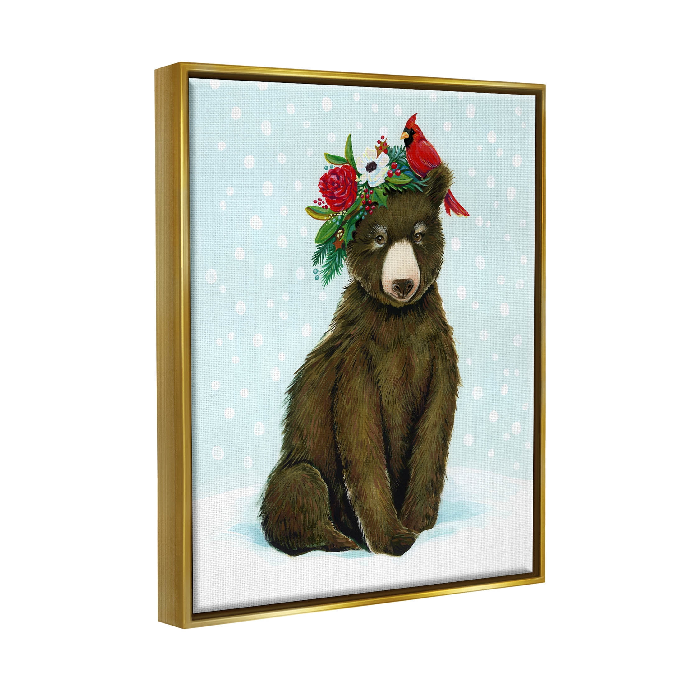 Stupell Industries Bear Seasonal Holly Snow Scene Graphic Art Metallic Gold Floating Framed Canvas Print Wall Art, Design by Laura Marr
