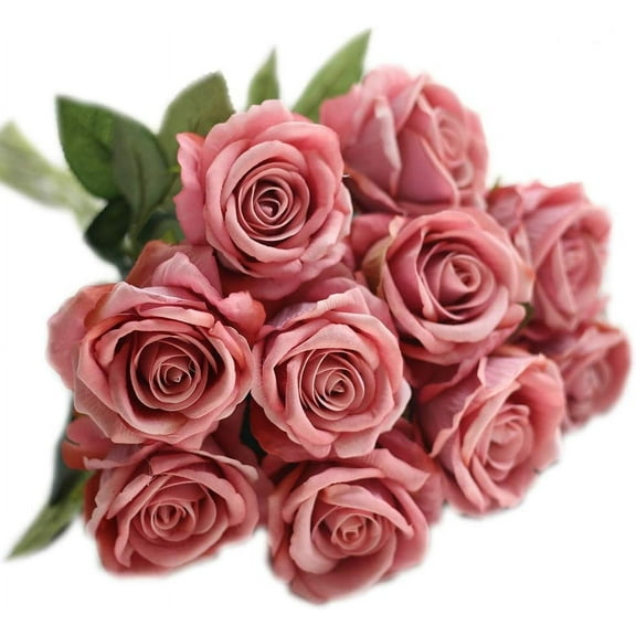 Artificial Flower 12pcs 22'' Long Stem Silk Velvet Rose Real Touch Faux Flower for Wedding Bridal Bouquet Bridesmaid Home Decor Office Hotel Baby Shower Party Prom Centerpiece(Dusty Rose)