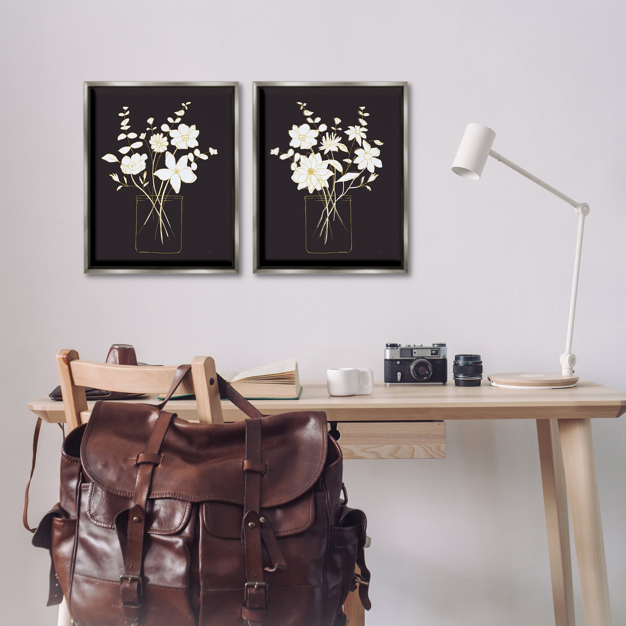 Stupell Industries Minimalist Flower Sketch in Jar Plants & Flowers Painting Gray Floater Framed Canvas Art Print Wall Art, 17 x 21, Set of 2
