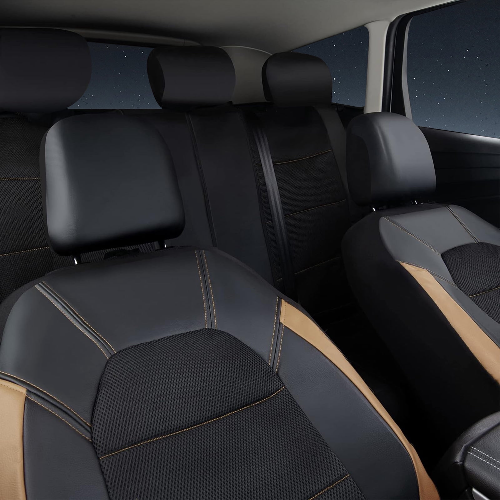 CAR GRAND Leather car seat covers full set air mesh breathable universal fit airbag compatible car, SUV, truck and van Beige