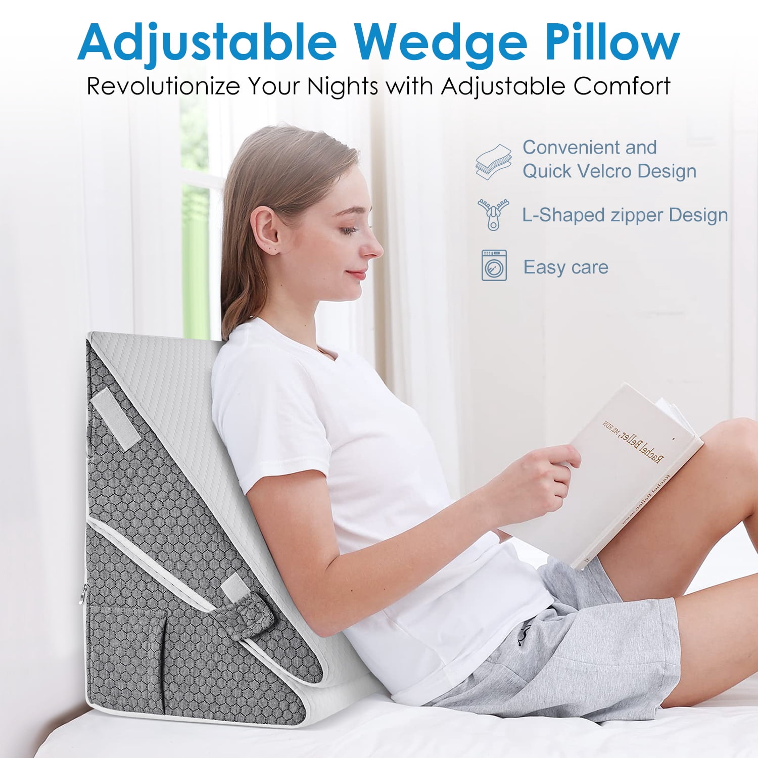 WANALIT Wedge Pillow for Sleep Apnea, Adjustable Wedge Pillow Headboard, Bed Wedge Pillow for Acid Reflux and Back Pain Relief, Pillow Wedge for Sleeping with Neck Support Pillow, White & Grey