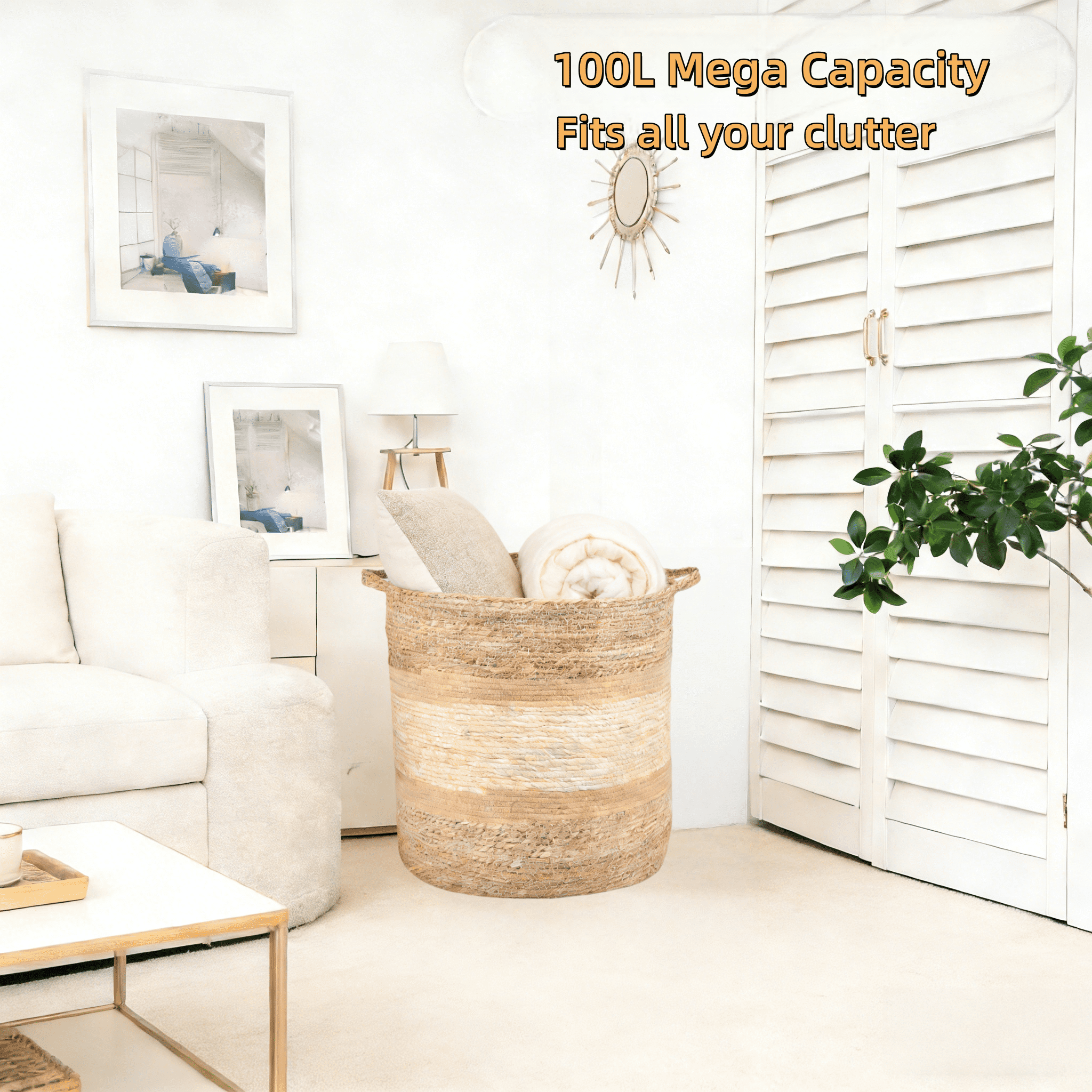 MEHOOM Large Woven Basket Storage with Handles, 100L Handmade Baskets and Bins for Blankets, Toys, Plants, Home Organization