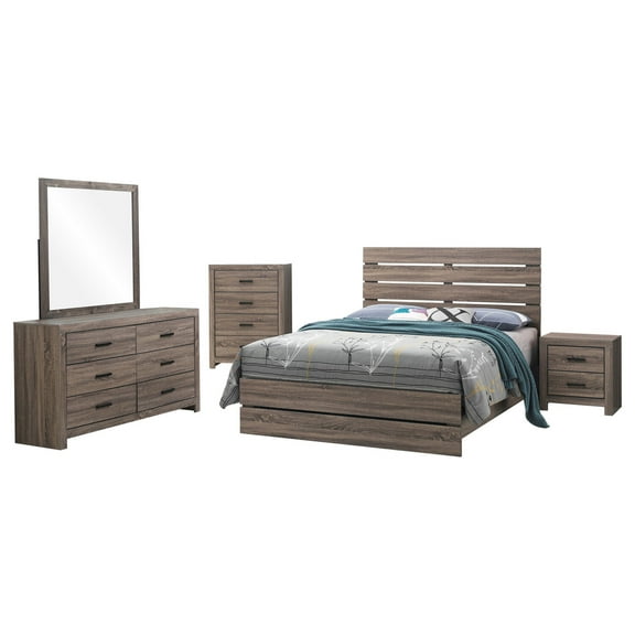 Benjara Sili 5pc Queen Bedroom Set with Dresser Mirror, Oak Brown, Dark Bronze