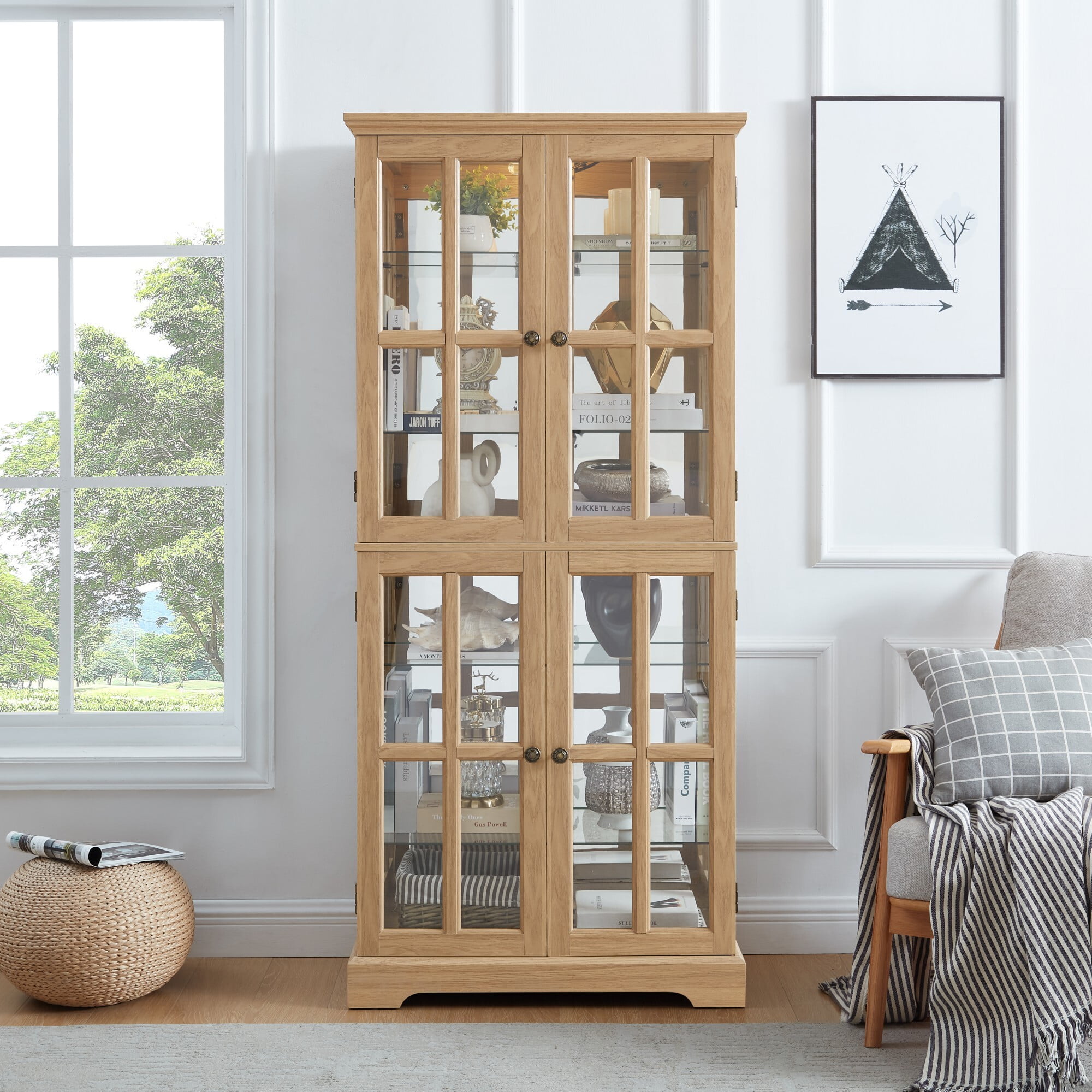 AENKYO 68" Antique Glass Display Case with E26 Bulb & Adjustable Shelves - Elegant Curio Cabinet for Living Room, Oak