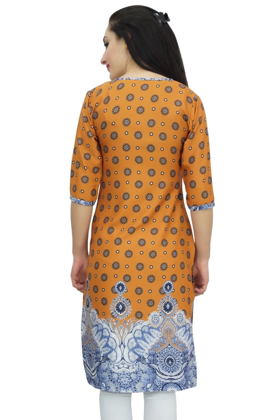 Women's Printed Tunic Mustard Georgette Kurti Kurta Indian Long Blouse-20