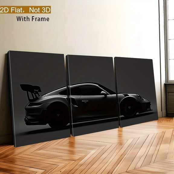 2D Flat Framed Canvas Wall Art • Set of 3 Framed Black Sports Cars in Dark Monochrome Triptych • High Quality Spray Paint Vertical Wall Decor for Living Room, Office, Bar • Modern Car Art Gift