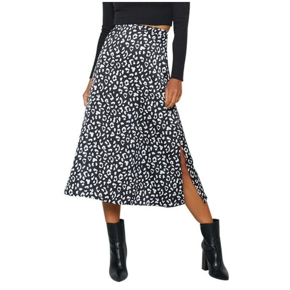 Babysbule Women Skirts Womens Fashion Leopard Print Zipper High Waist Casual Satin Mid Calf Skirt