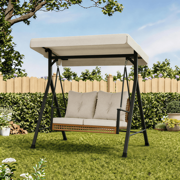 KAMEROUT 2-Person Outdoor Patio Swing with Stand, Wicker Swing with Adjustable Canopy & Removable Beige Cushions for Garden, Backyard