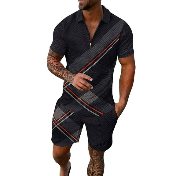 Baqcunre Track Suits For Men Set Mens Short Sleeve Casual Shirt And Shorts Sets Two Piece Summer Outfits Zip Tracksuit Set Mens Outfits Tops For Men Black L