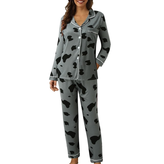 Pyjamas pour Femmes! Fadeal Pyjama Décontracté à Col Rabattu Bouton Imprimé à Carreaux Pêche Deux Pièces Manches Longues Ensemble de Pyjamas Doux pour Femmes Gris TG
