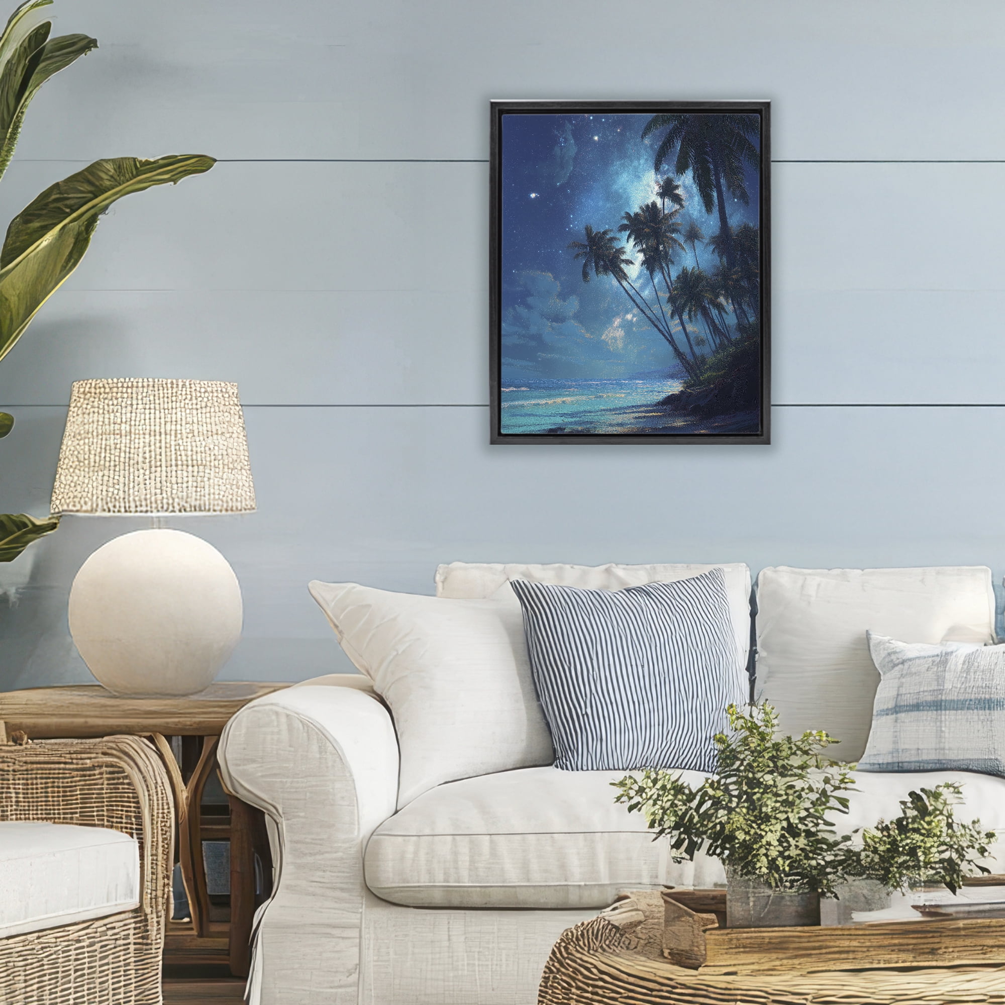 Moonlit Beach Palm Trees Black Framed Floater Canvas Wall Art, design by Ziwei Li