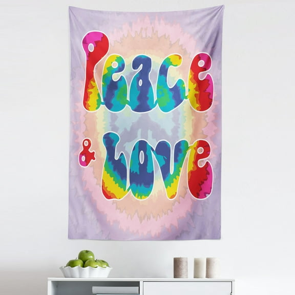 Hippie Tapestry, Peace and Love Text in Tie Dye Effect Pattern Energetic Youthful Fun 60s 70s Hippie, Fabric Wall Hanging Decor for Bedroom Living Room Dorm, 5 Sizes, Multicolor, by Ambesonne