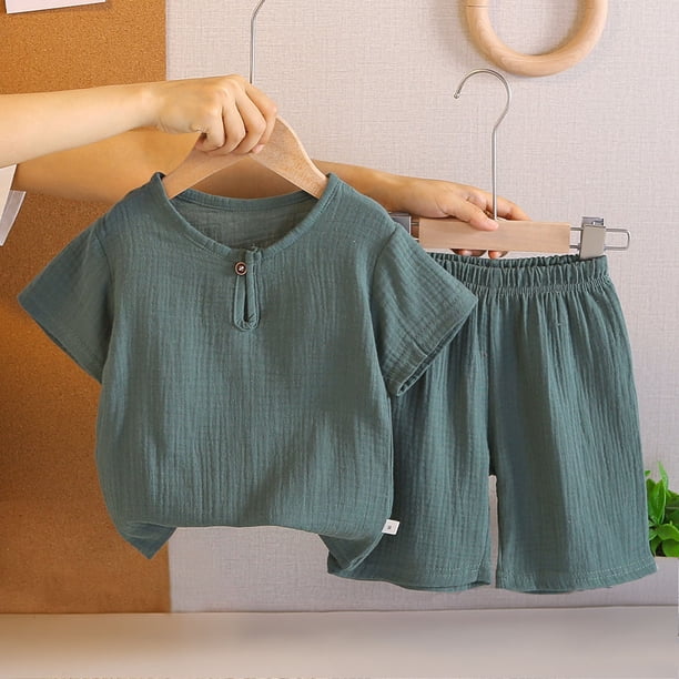 Conjuntos de blusas y camisas de cuello redondo y manga corta para niños, conjunto de dos piezas de prenda superior y pantalones cortos de manga corta de color liso para niñas, top de poliéster