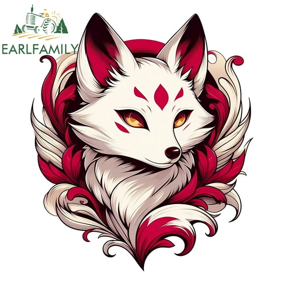 EARLFAMILY 5.1" Red Japanese Kitsune Big Head Anime Artist Car Decals Stickers