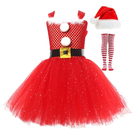 

Chenyuanyuan Baby Girl Christmas Outfit Toddler Christmas Custome Girls Dress Tutu Mesh Dress with Hat Socks 3pcs Sets Performance Size 6-7 Years