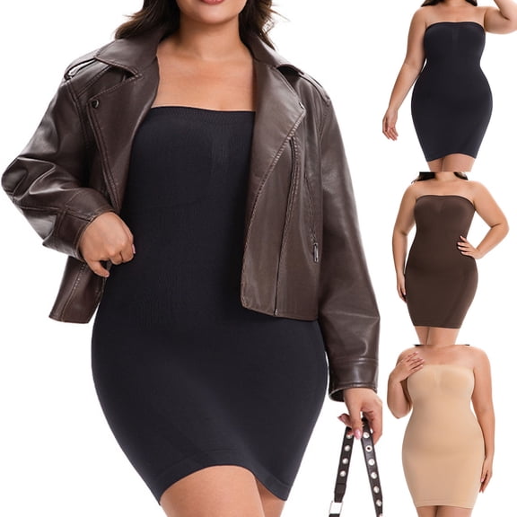 Women Strapless Full Slip Shapewear, Seamless Tube Top Under Dress Body Shaper, Tummy Control Mid‑Thigh Slimmer Slip for Dresses