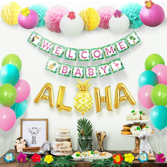 Tropical Baby Shower Decorations with Balloons, Flowers, ALOHA, Jungle Banner, Safari Green Leaves, Lanterns, Pom Poms for Birthday Party, Gender Neutral Theme, Arch Garland Kit