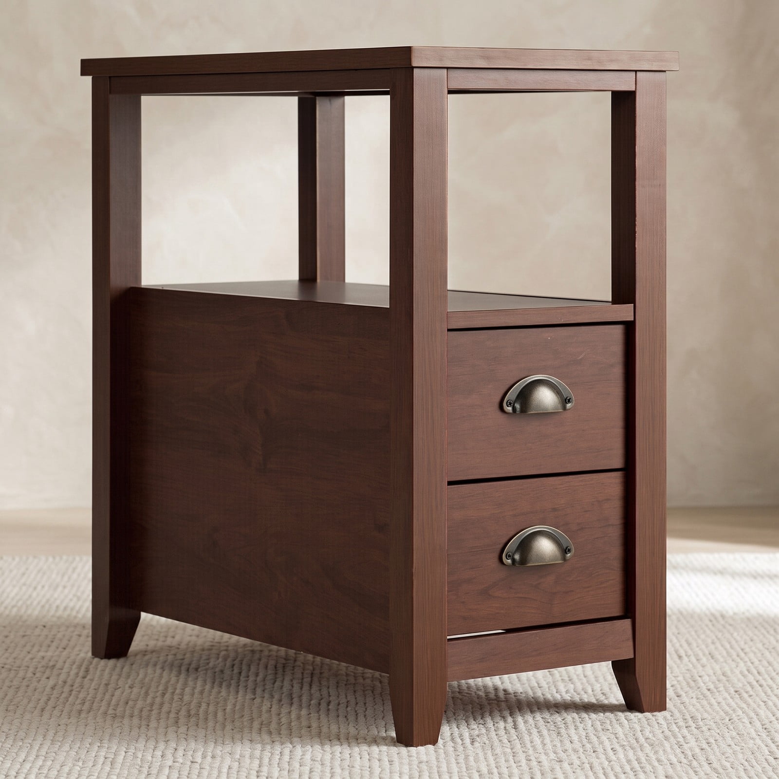 Furnibear Narrow Nightstand with 2 Drawers and Open Shelf Wooden Bedside End Table for the Bedroom and Living Room, Brown