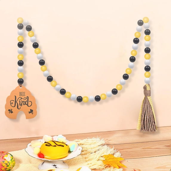 Jlong Bee Wood Bead Garland with Tassels, Honeycomb Wood Bead Spring Summer Wooden Bead Garland Rustic Farmhouse Home Decorations for Tiered Tray Shelf Displays