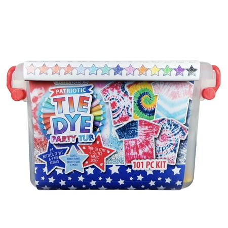 Create Basics Tie Dye Party Tub Kit, Patriotic Colors Tie Dye Kit with 14 Bottles, 4 Refills, Bling & Glitter, Gloves and Rubber Bands